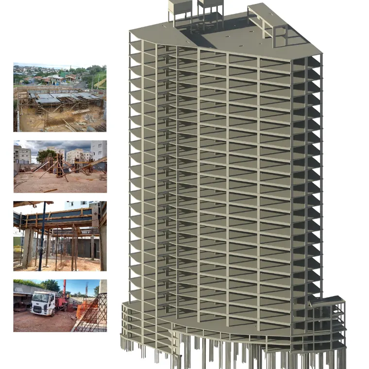 Modelo estrutural 3D de edifício e fotos da execução da estrutura